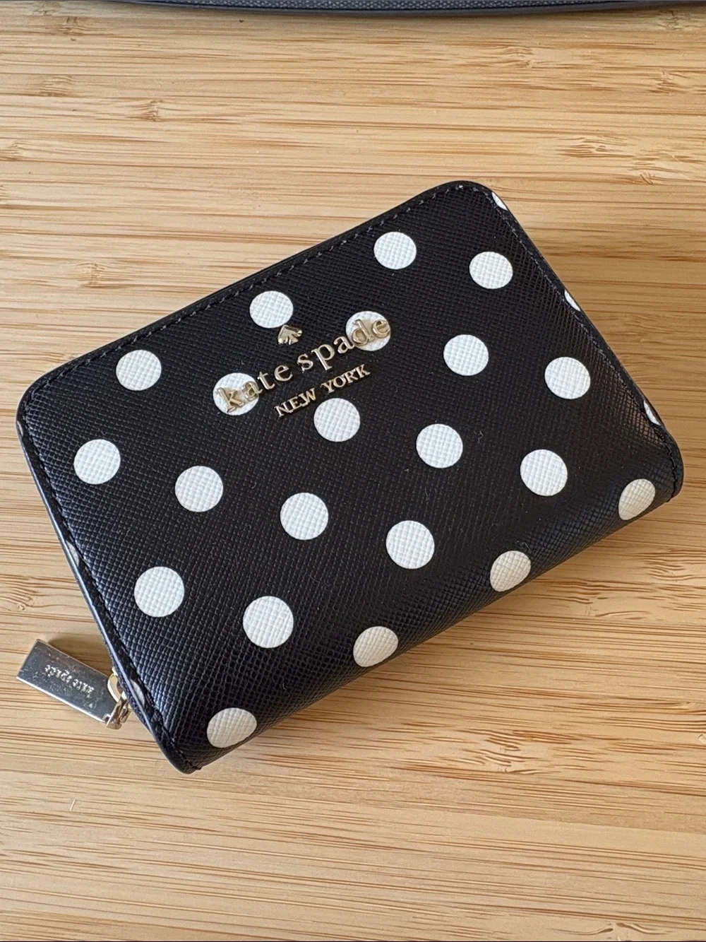 kate spade Black and White Polka Dot Compact Zip Wallet